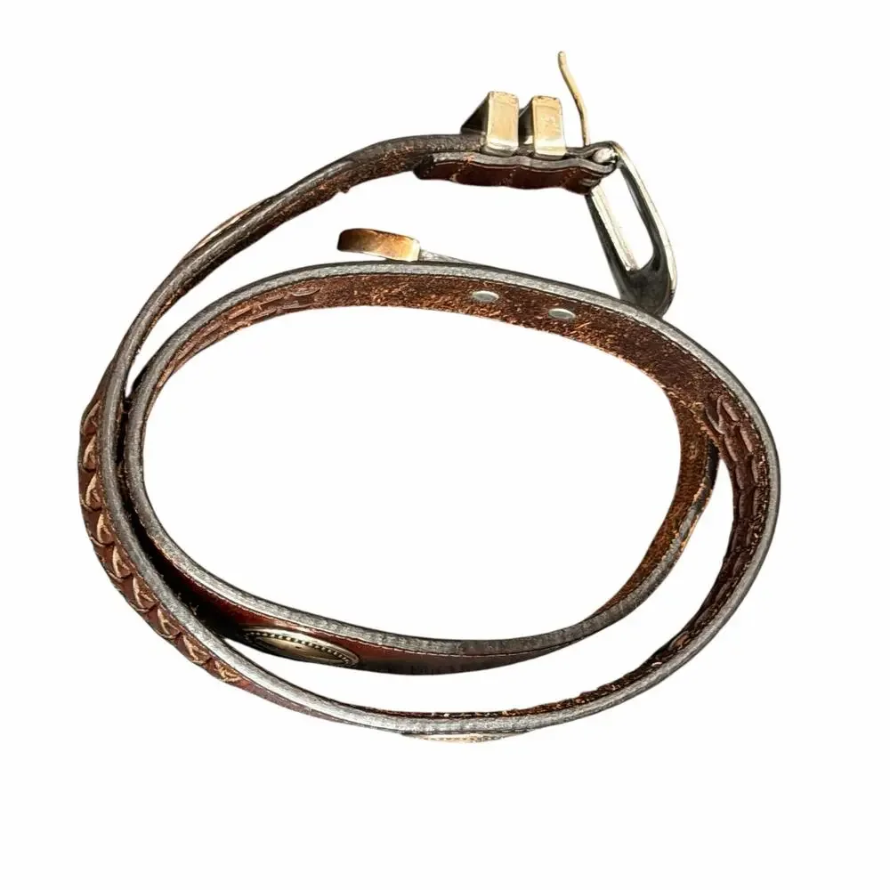 Vintage Latigo Leather Belt 34 Brown Antique Silver Concho Patina Braid Western‎